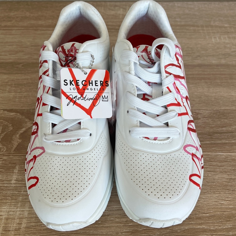 Skechers White w Red Heart Sneakers: JGoldcrown X Sketchers Collab